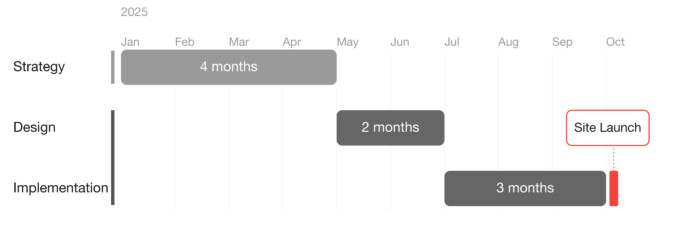 Project timeline from January to October 2025: four months of strategy, two months of design, and three months of implementation, culminating in the site launch.